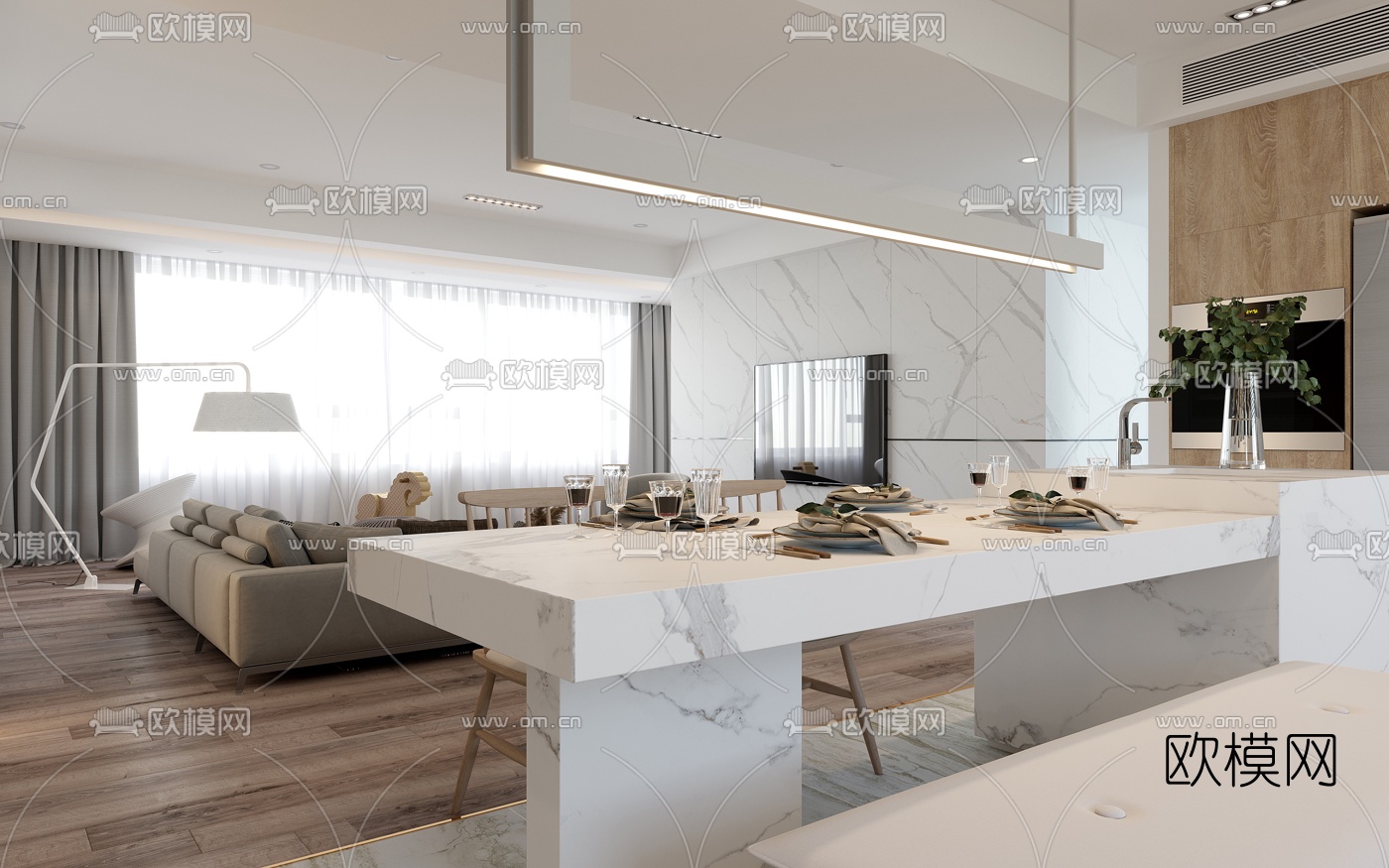 现代客厅餐厅3d模型