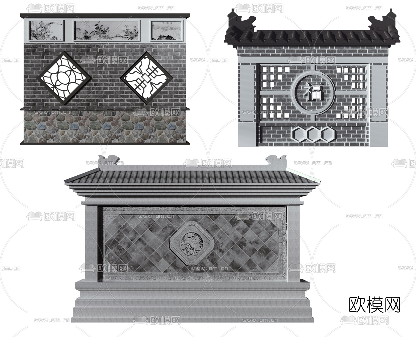 新中式景墙照壁3d模型下载