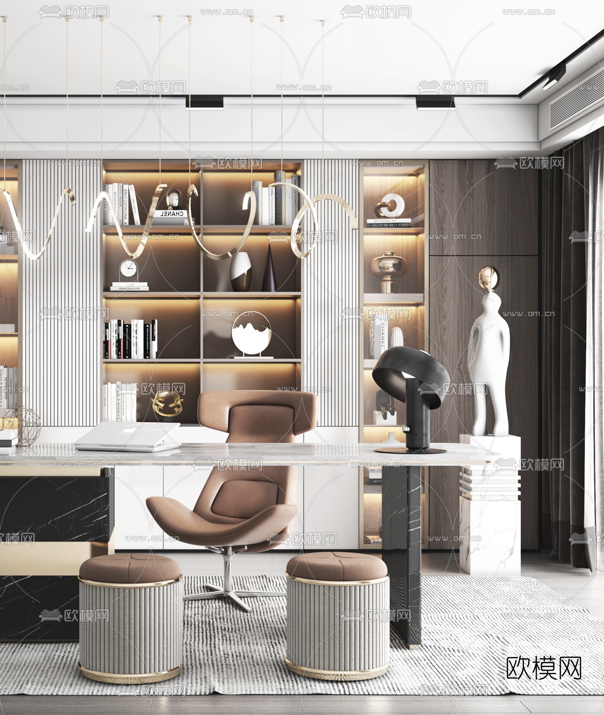 现代轻奢书房3d模型下载（渲染图2）