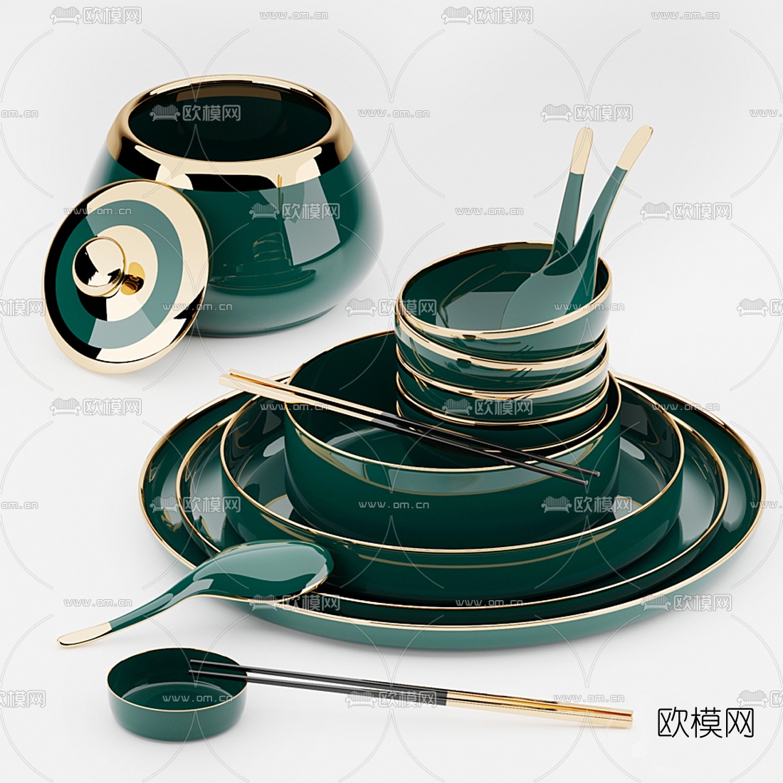现代轻奢碗筷碟壶餐具3d模型下载（渲染图1）