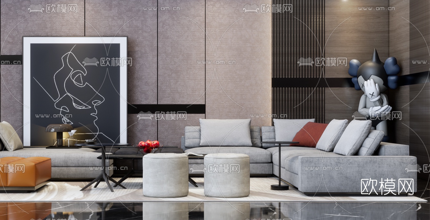 现代布艺沙发组合su模型