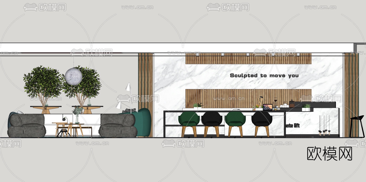 新中式办公前台su模型下载（渲染图1）