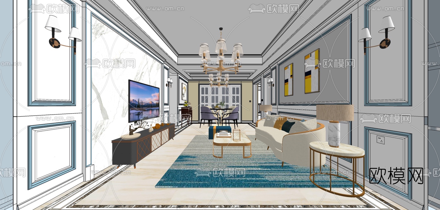 简欧客厅餐厅su模型下载（渲染图3）