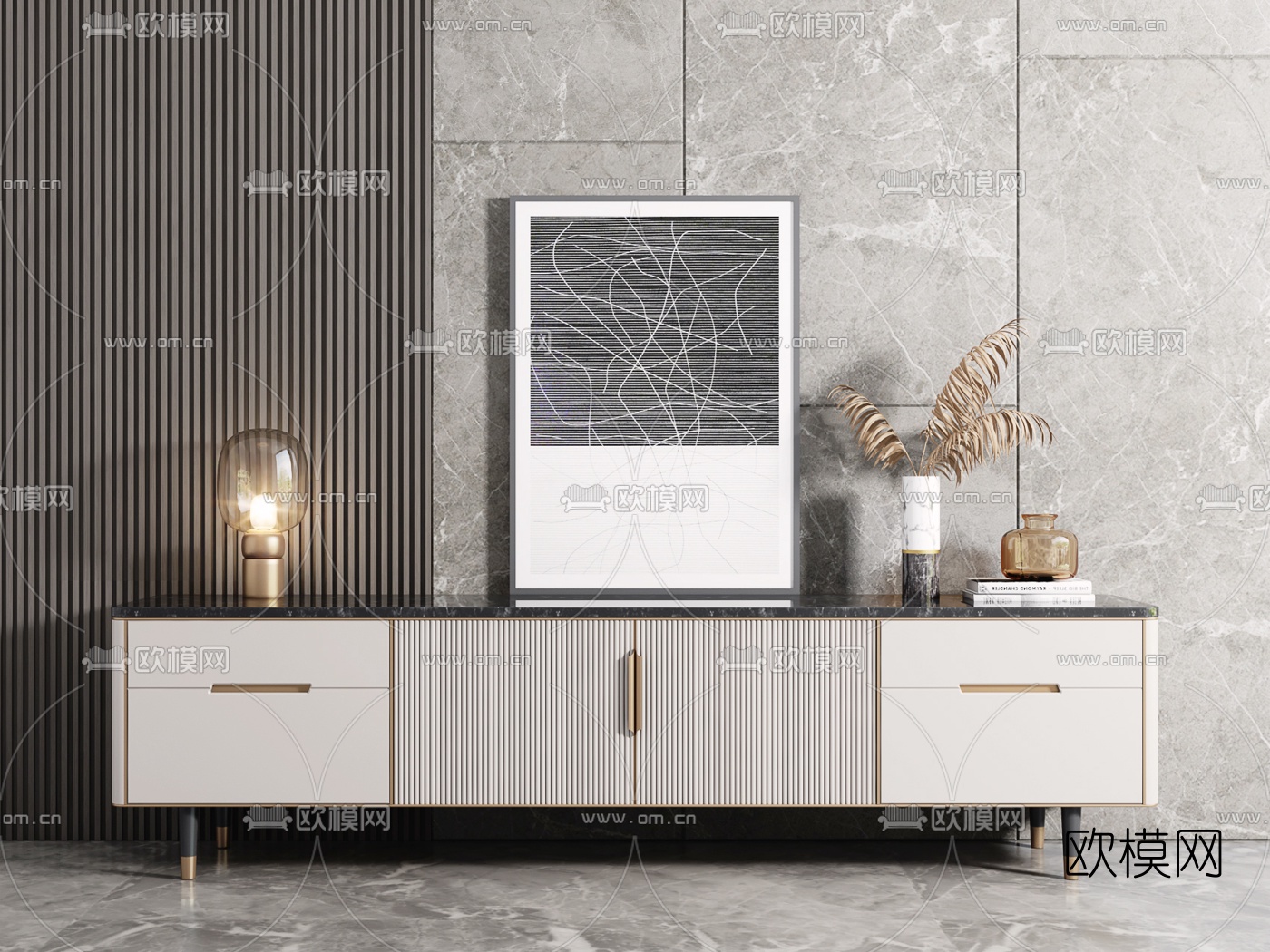 现代轻奢电视柜su模型下载（渲染图1）