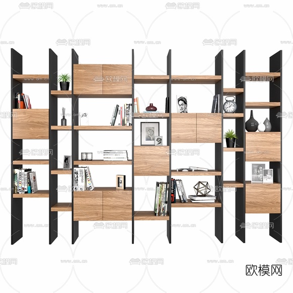 现代原木书架装饰架3d模型下载(渲染图1)