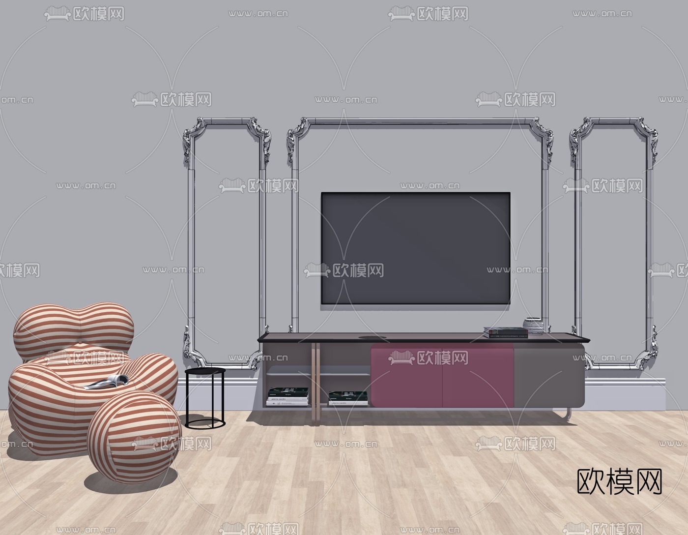 现代轻奢电视柜su模型下载（渲染图2）
