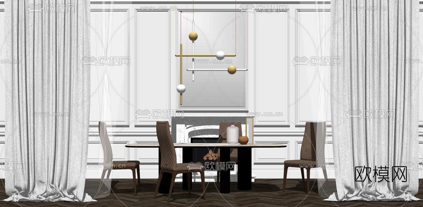 简欧条形餐桌椅su模型下载