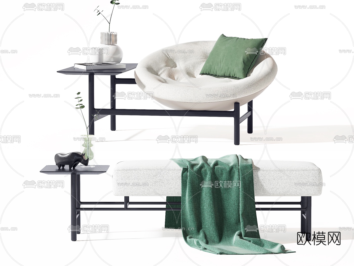 新中式布艺床尾凳脚踏3d模型下载