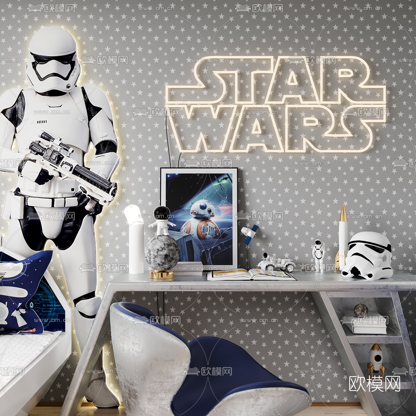 现代儿童房卧室3d模型下载（渲染图2）