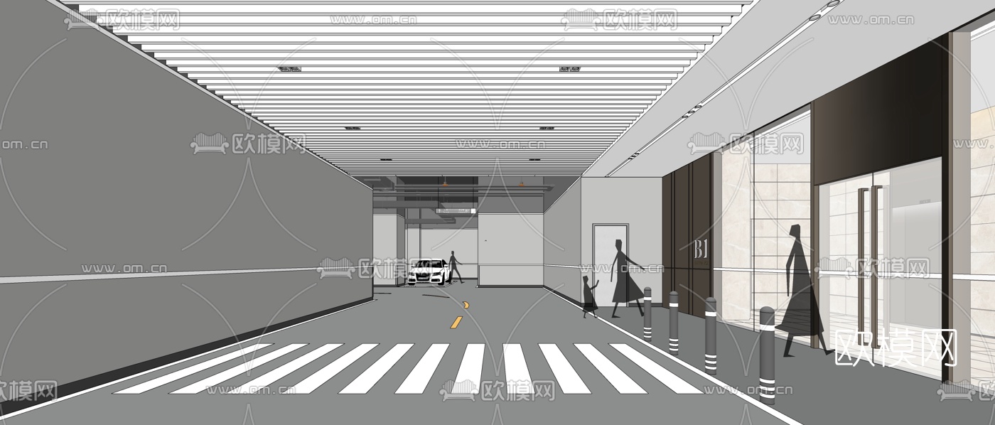 现代地下室车库电梯厅su模型下载（渲染图3）
