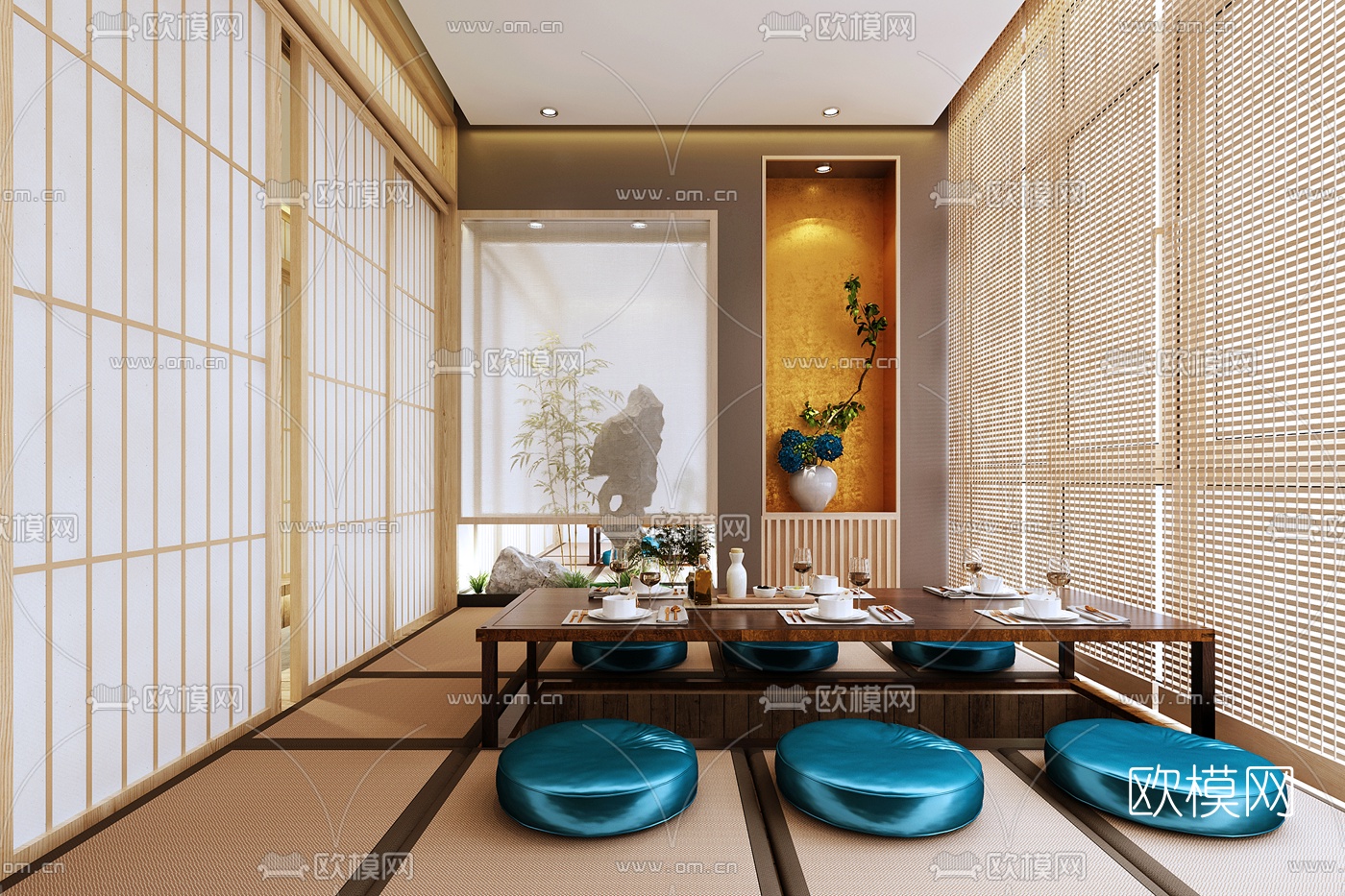 日式料理餐厅包间3d模型下载（渲染图1）