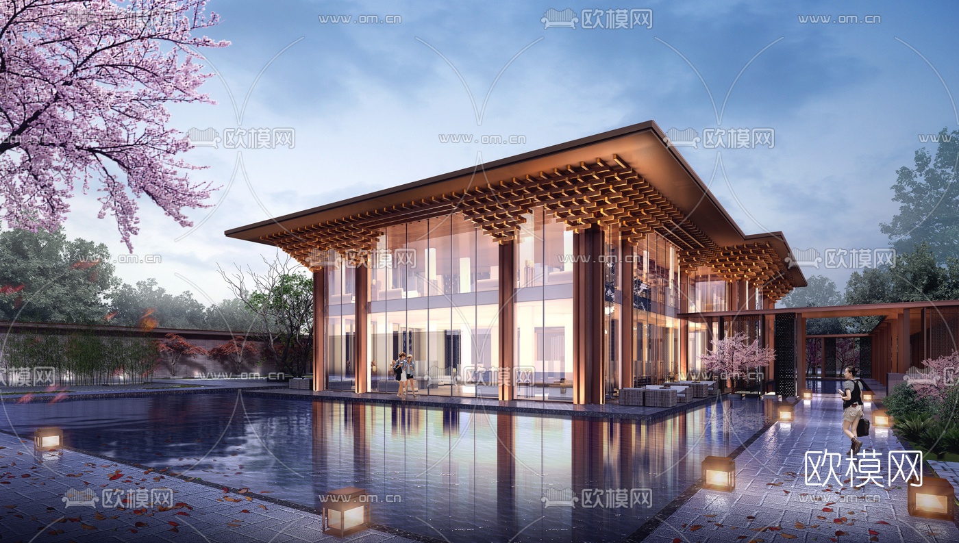 新中式售楼处外观夜景3d模型下载