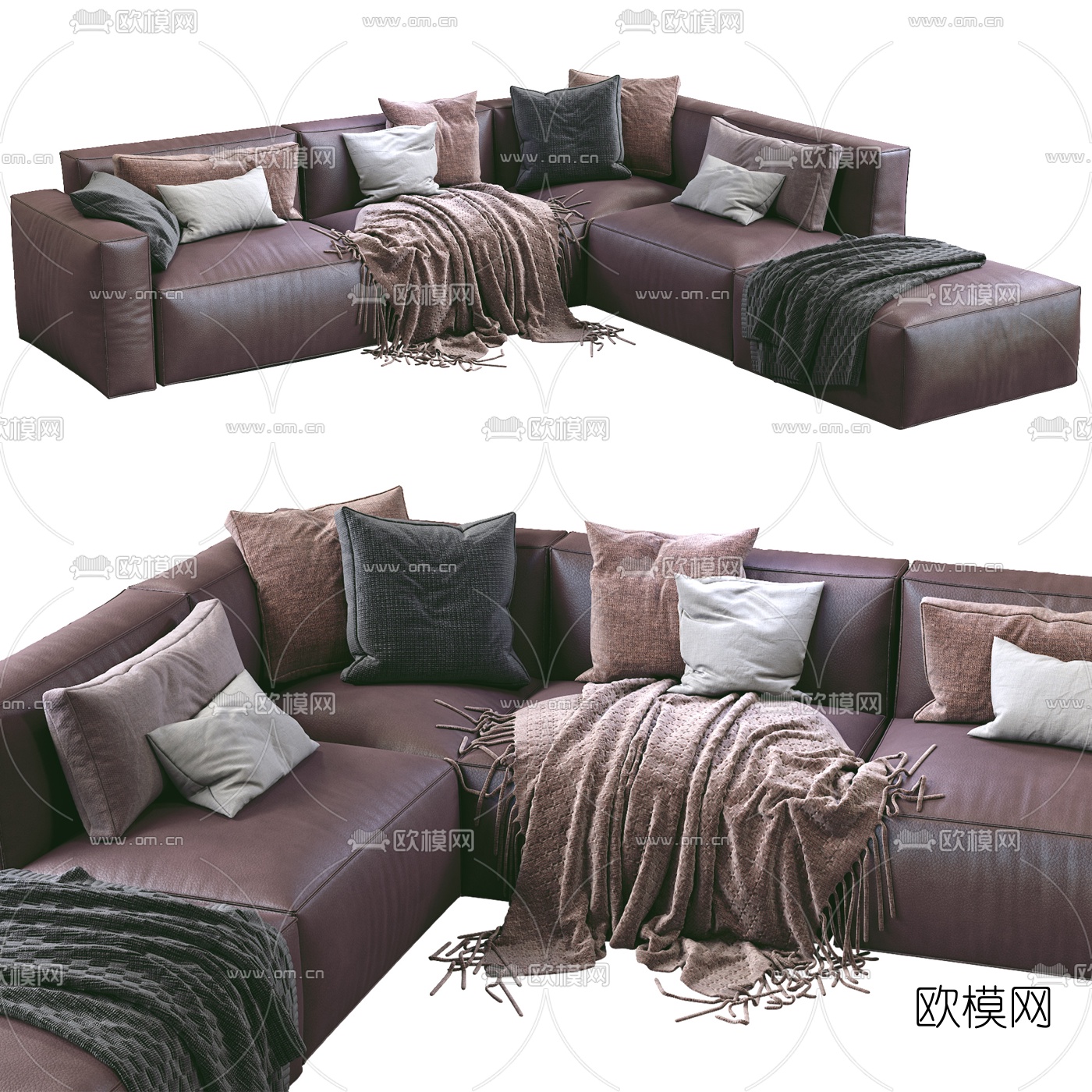 现代皮革转角多人沙发3d模型下载（渲染图1）