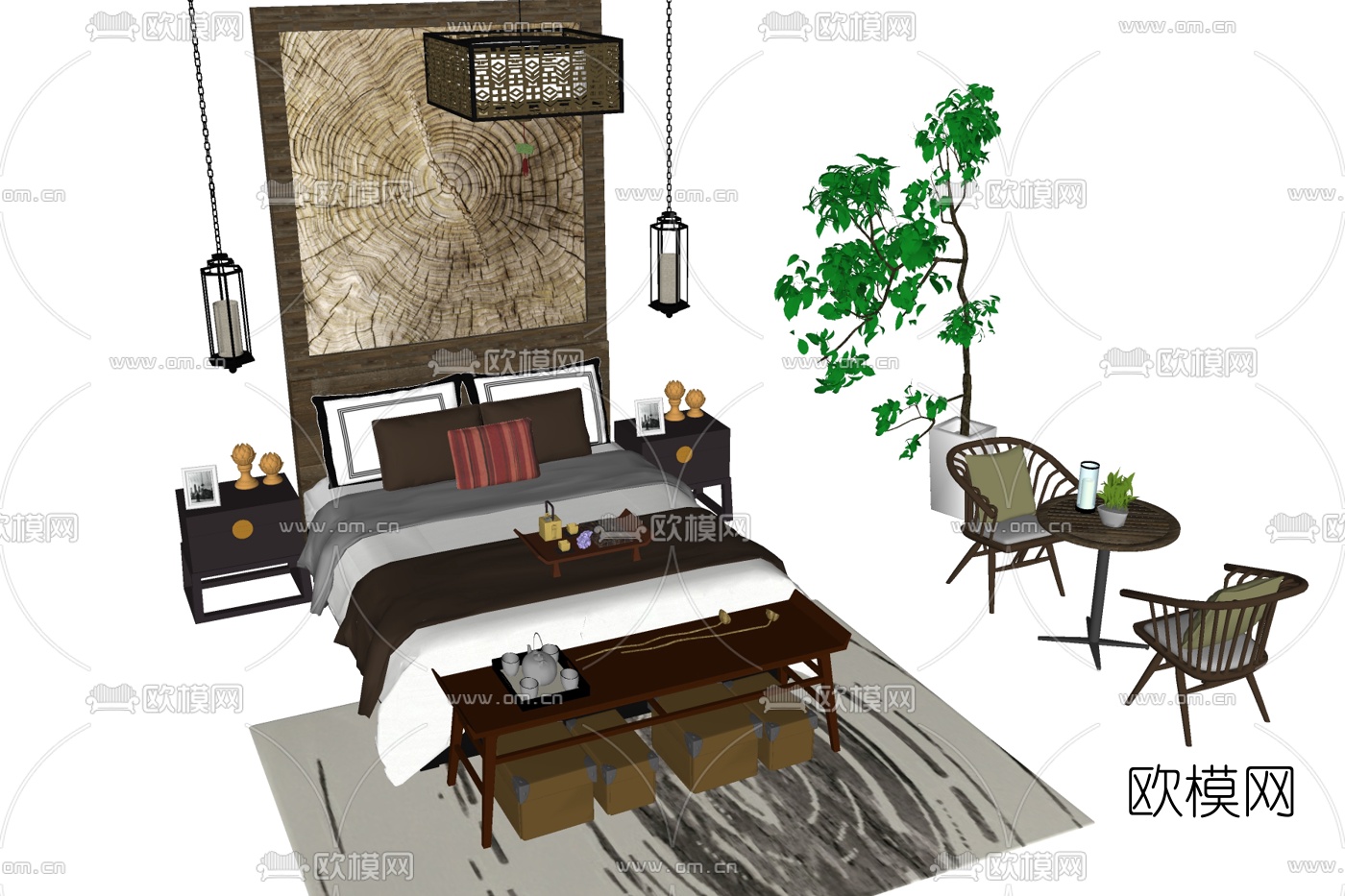 新中式布艺双人床su模型下载