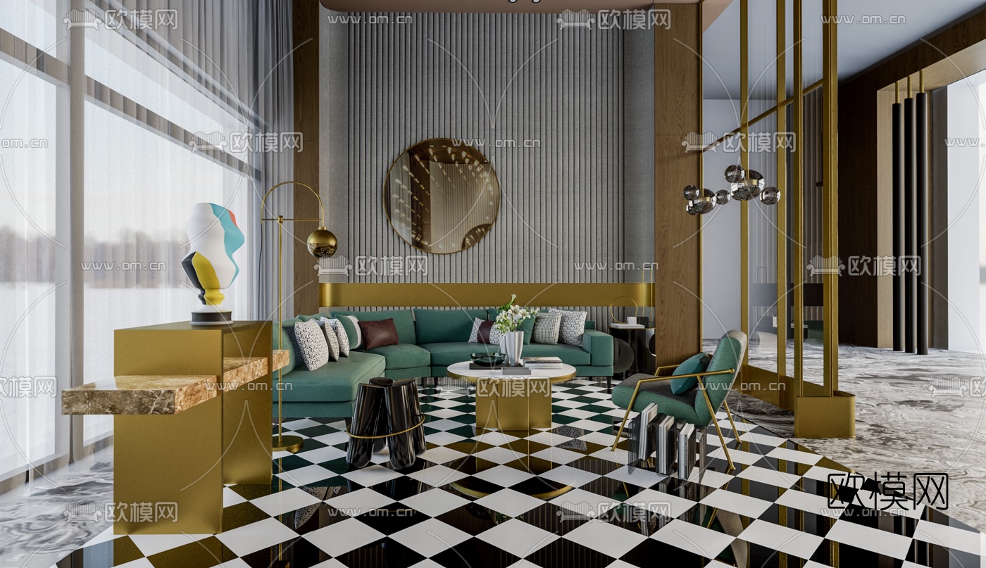 新中式轻奢售楼处洽谈区su模型下载