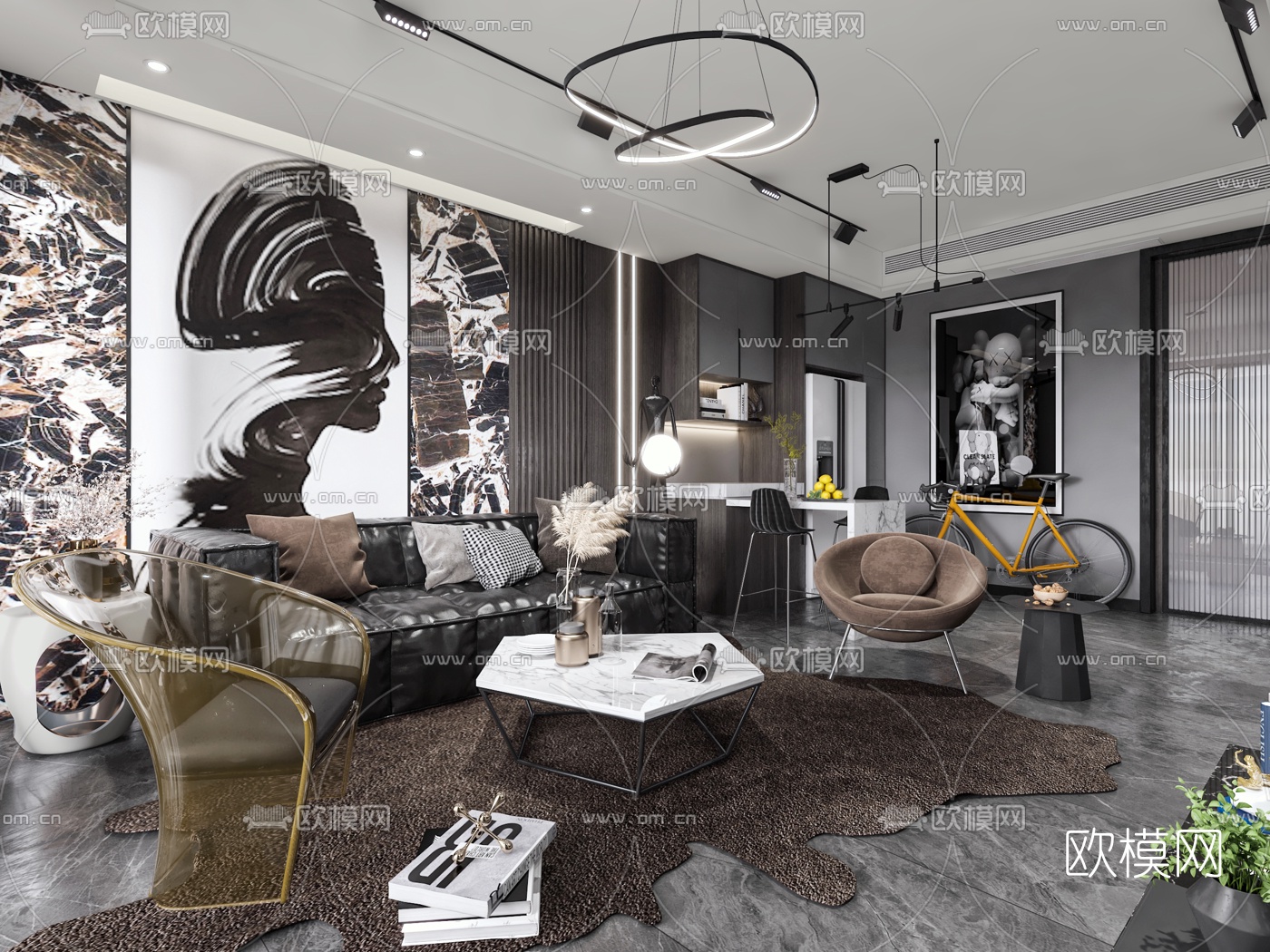现代高级灰公寓客厅餐厅3d模型