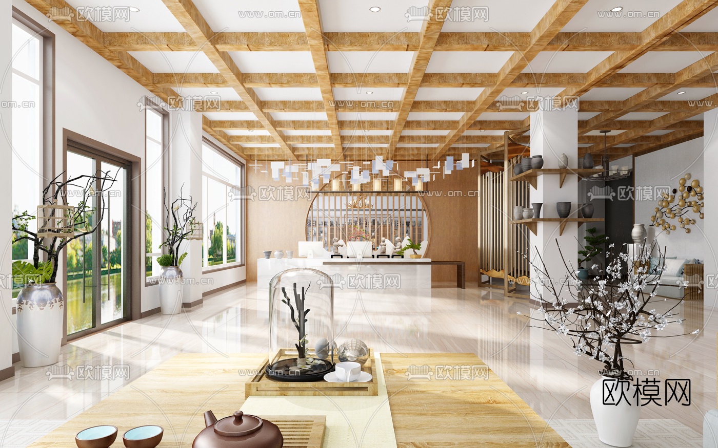 自然风民宿大厅客房茶室免费3d模型下载（渲染图1）