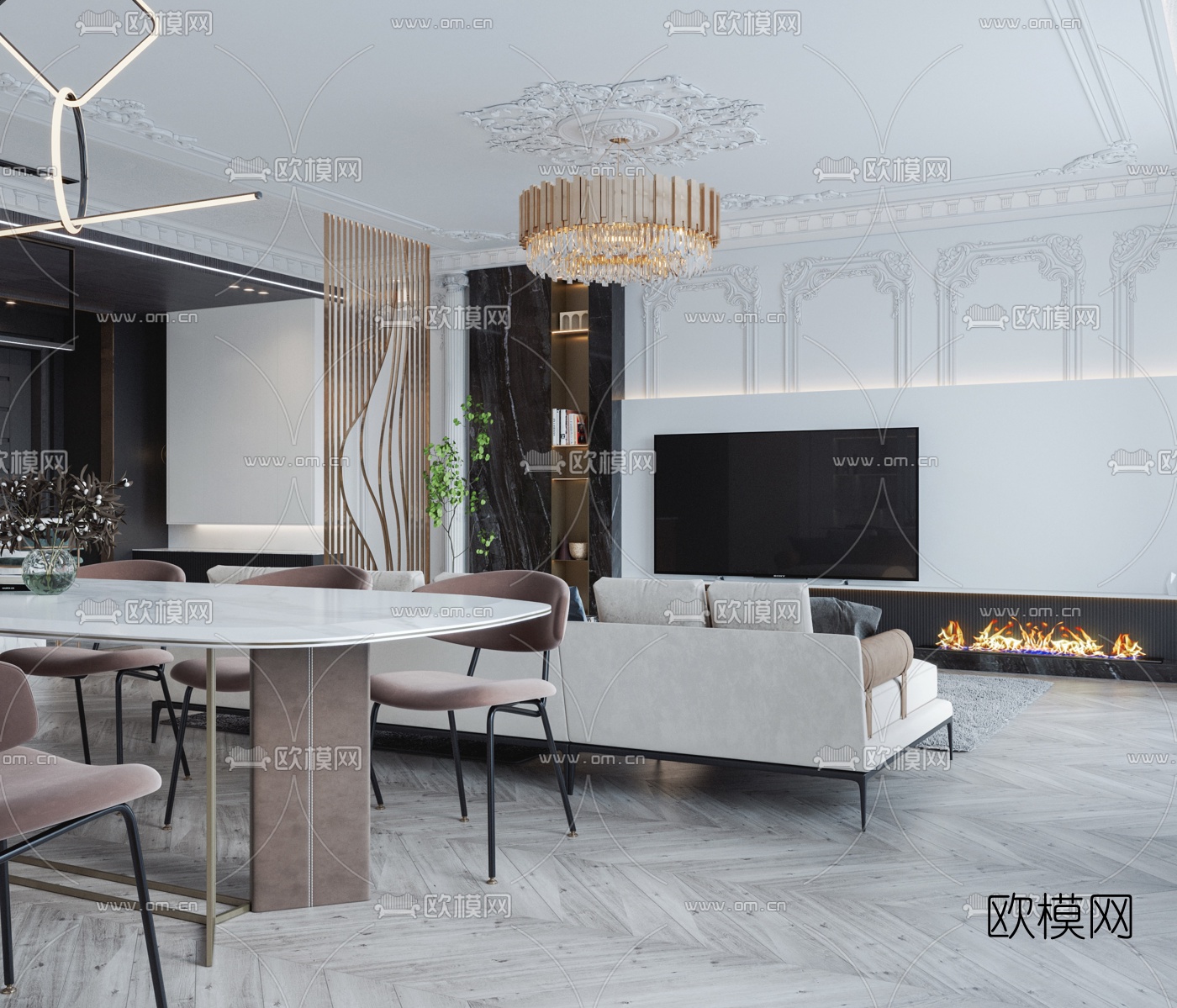 简欧客厅餐厅3d模型下载（渲染图6）