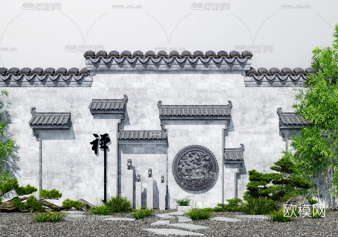 新中式景观墙园艺小品3d模型下载