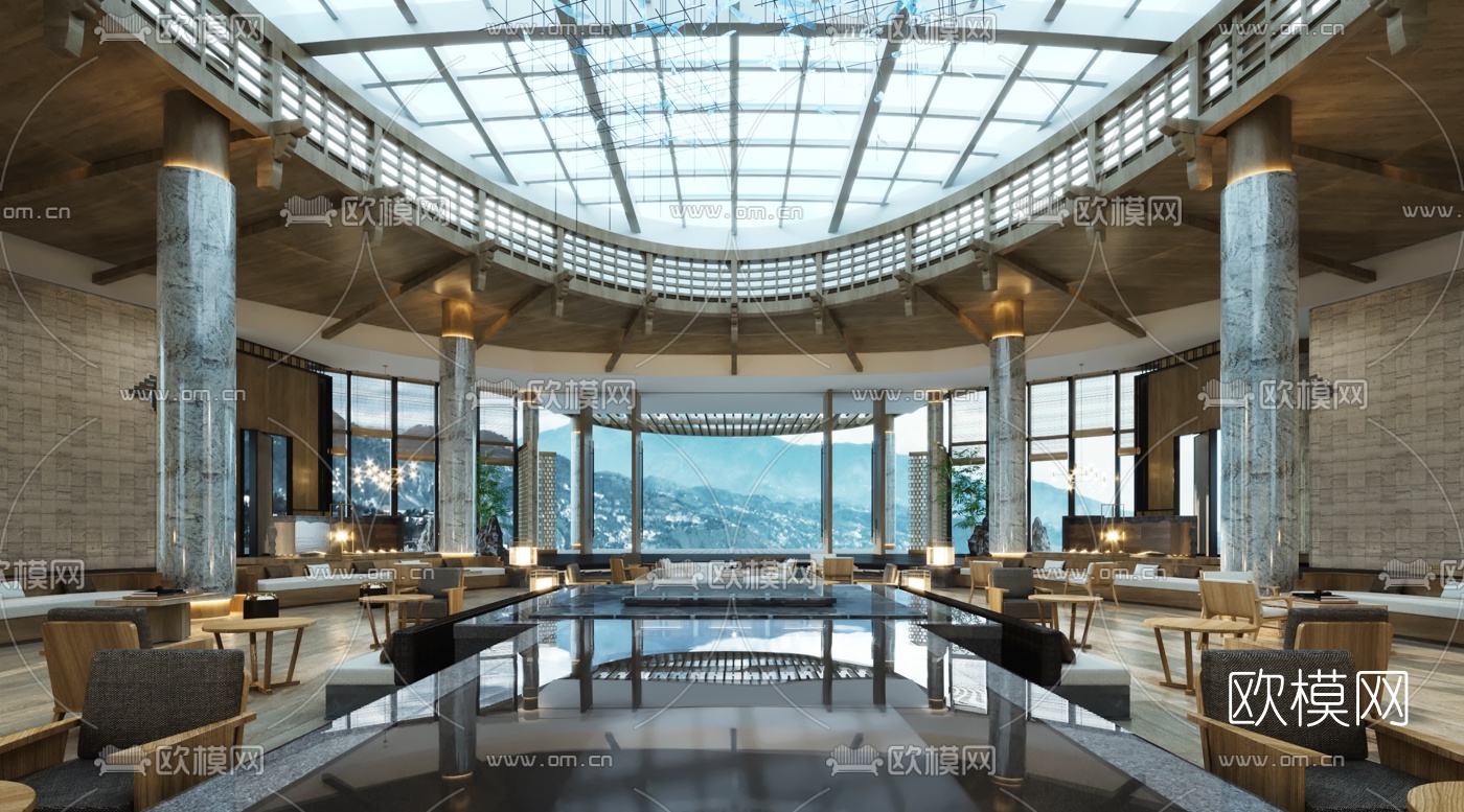 新中式会所大堂吧3d模型下载（渲染图1）