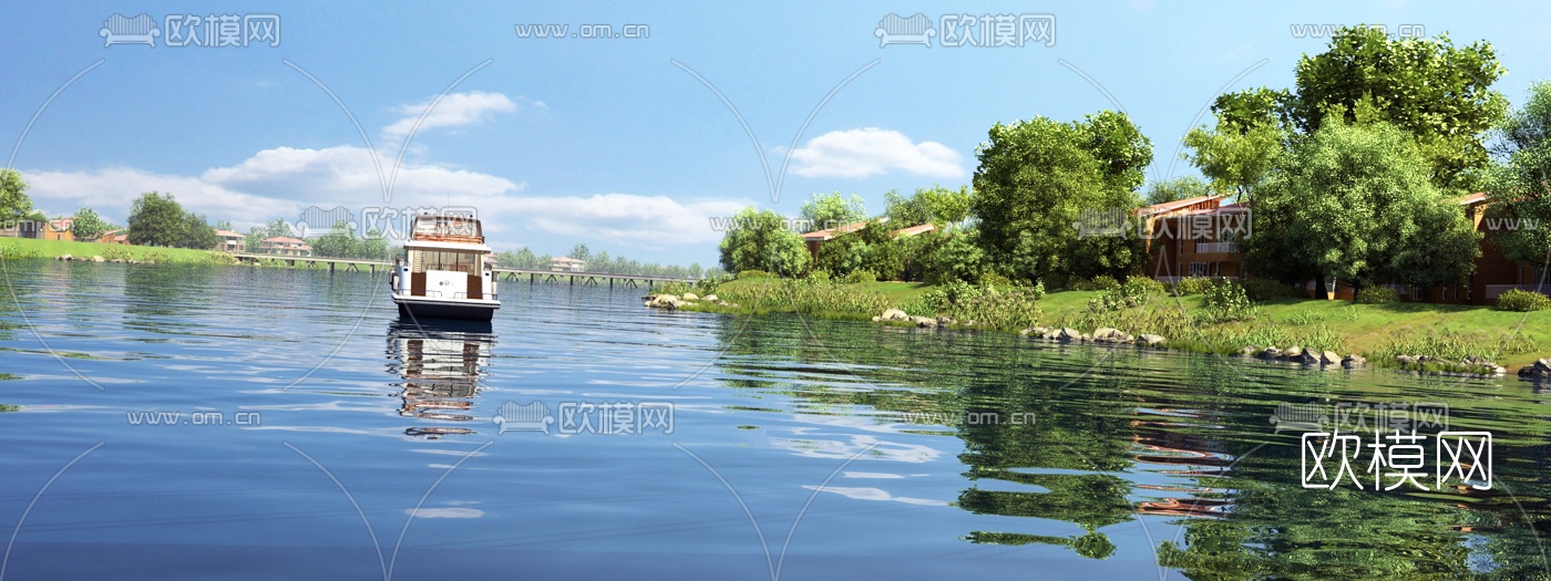 现代临湖别墅小区园林景观3d模型下载