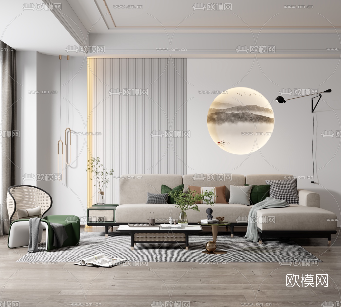 新中式布艺转角沙发组合3d模型下载_ID10232223_3dmax免费模型-欧模网