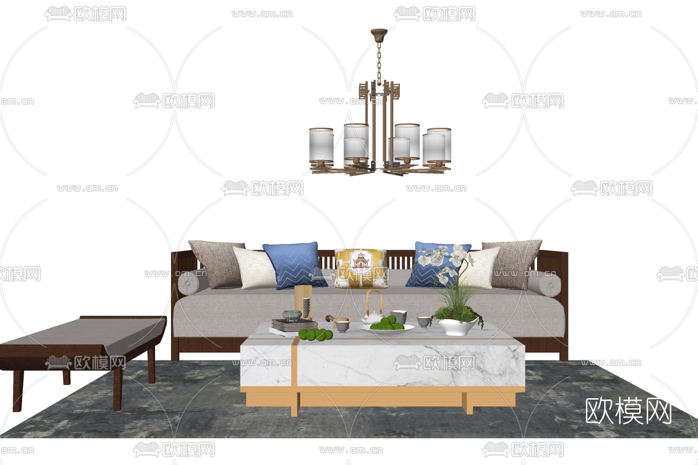 新中式布艺多人沙发su模型下载
