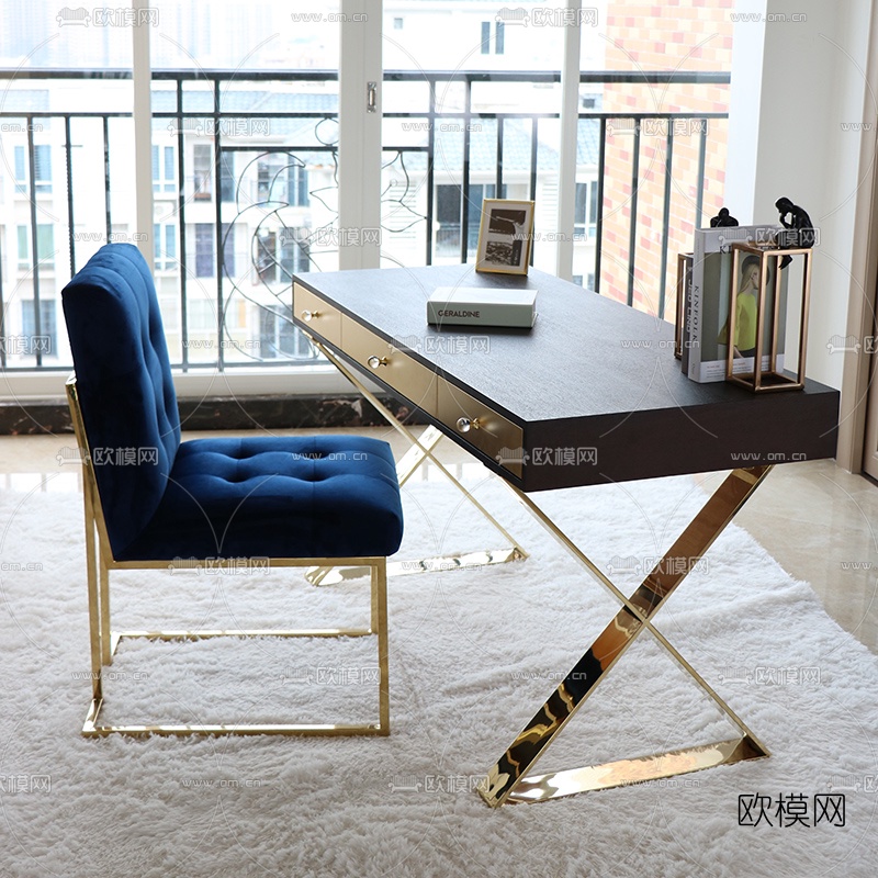 现代轻奢书桌椅su模型下载（渲染图1）