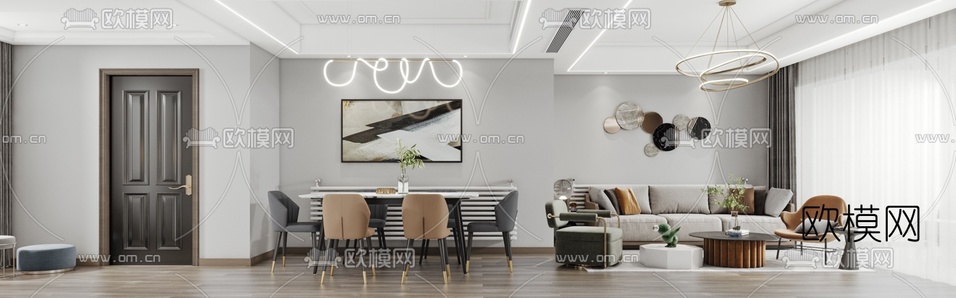 现代客厅餐厅3d模型下载(渲染图1)