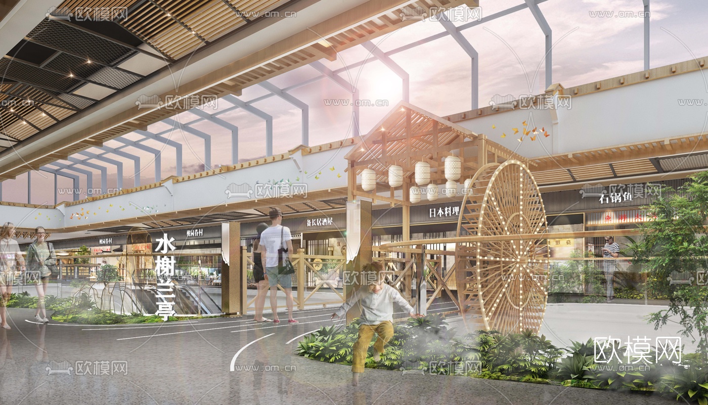 新中式商场走廊餐饮区3d模型下载（渲染图2）