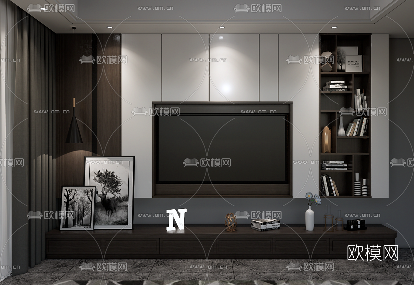 现代电视柜背景墙su模型下载（渲染图2）