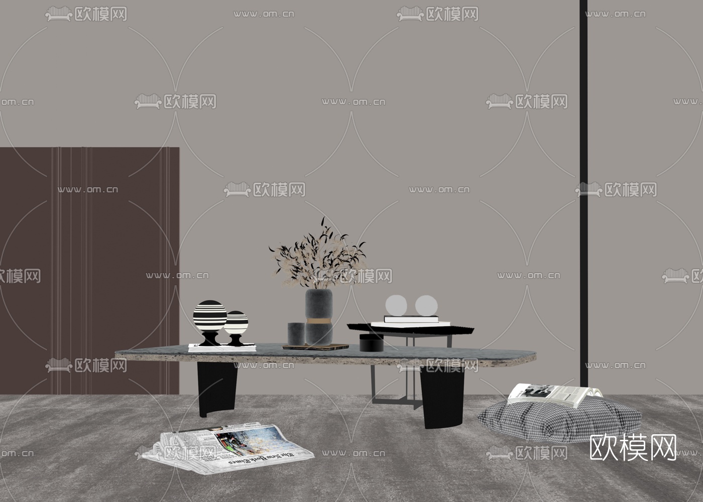 现代轻奢大理石茶几su模型下载（渲染图1）