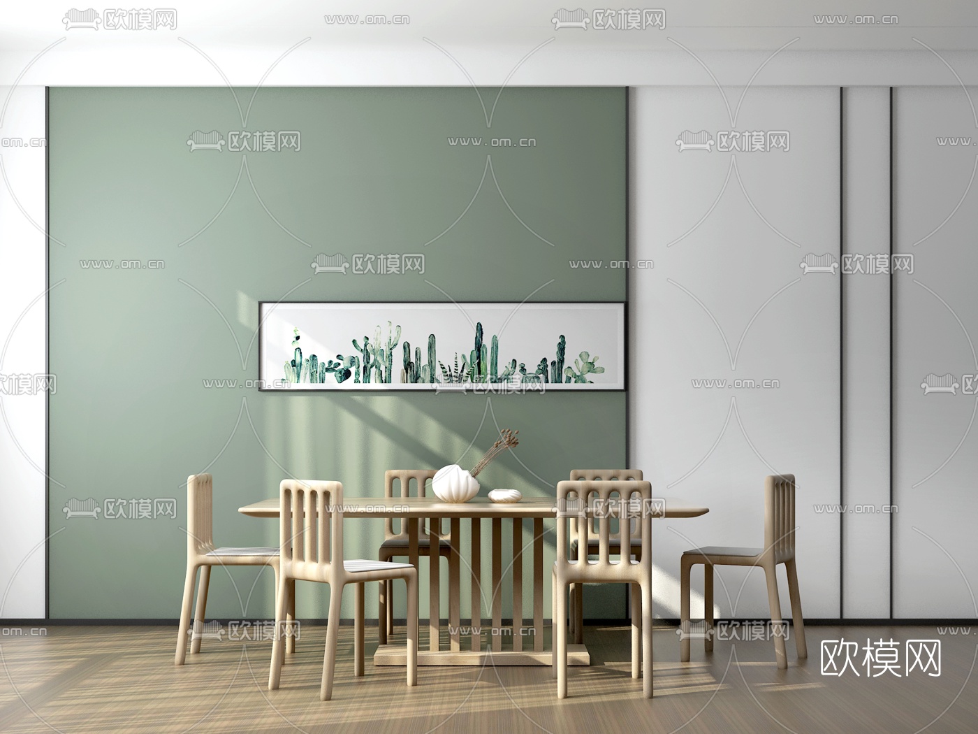 北欧原木条形餐桌椅3d模型下载