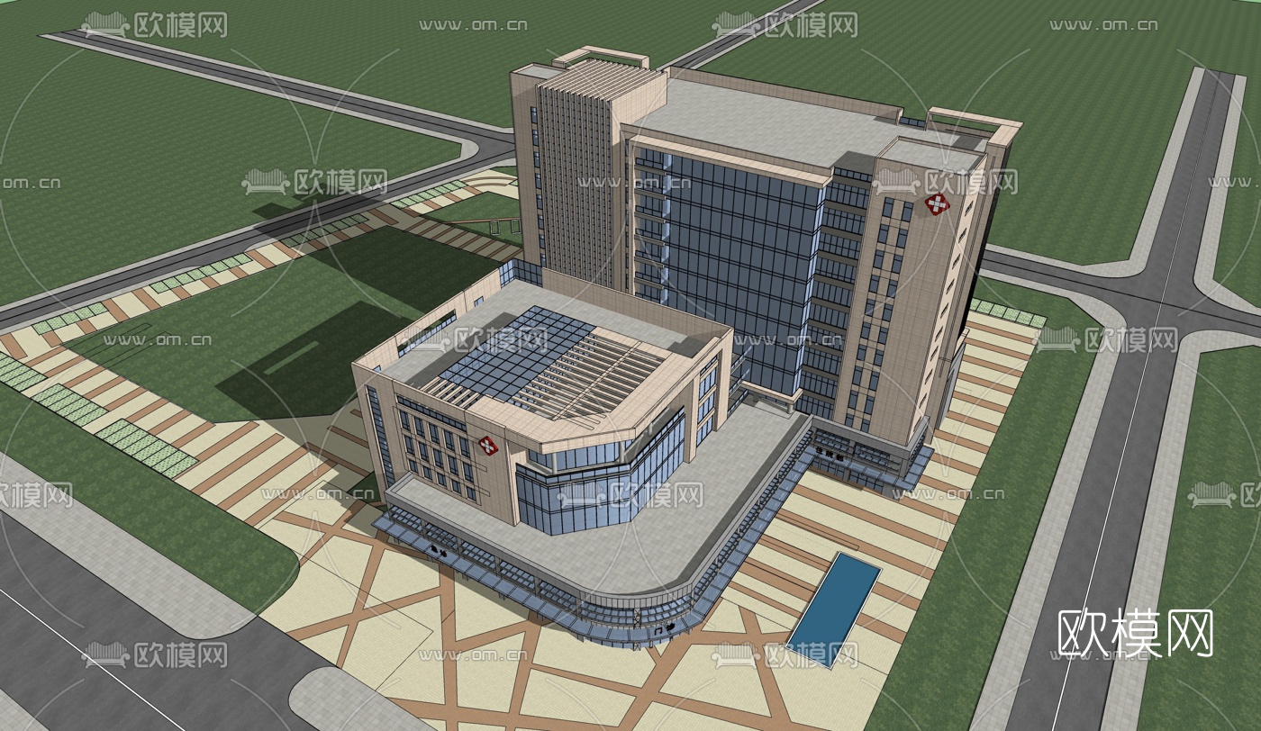 现代医院鸟瞰su模型下载（渲染图3）