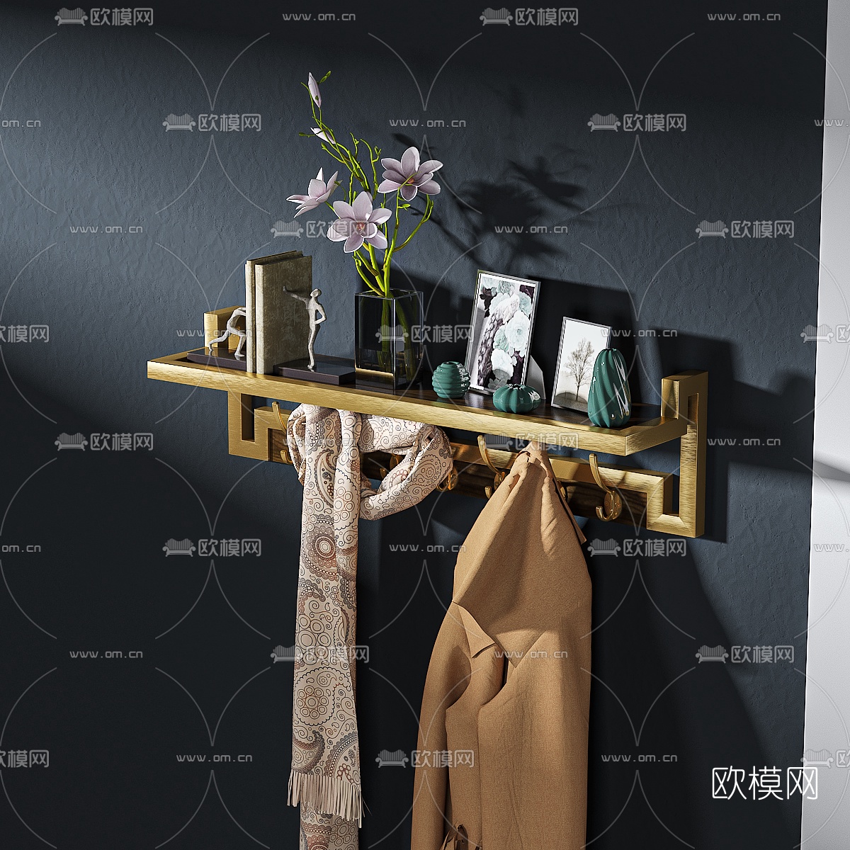 新中式壁挂衣帽架3d模型下载（渲染图2）