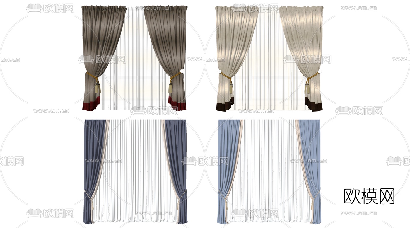 现代布艺窗帘纱帘su模型