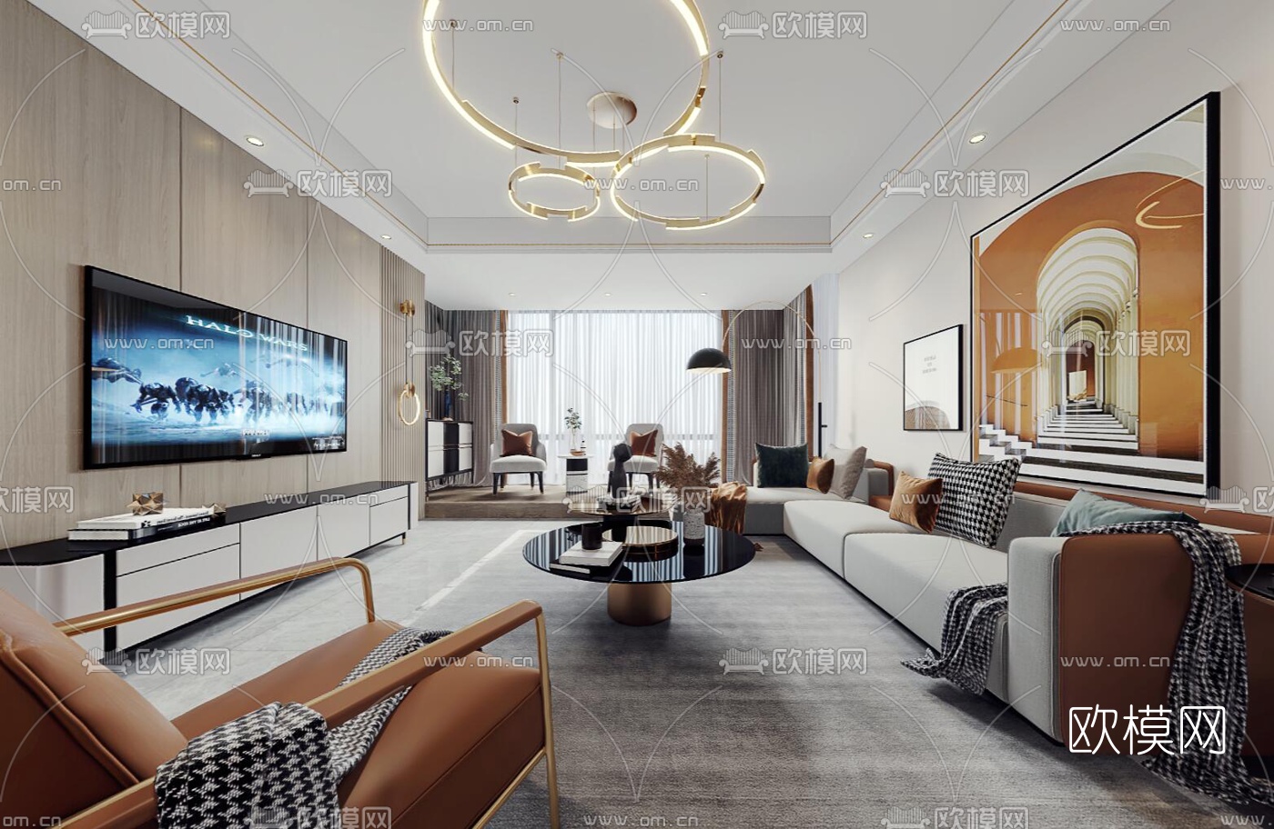现代轻奢客厅餐厅vr全景3d模型