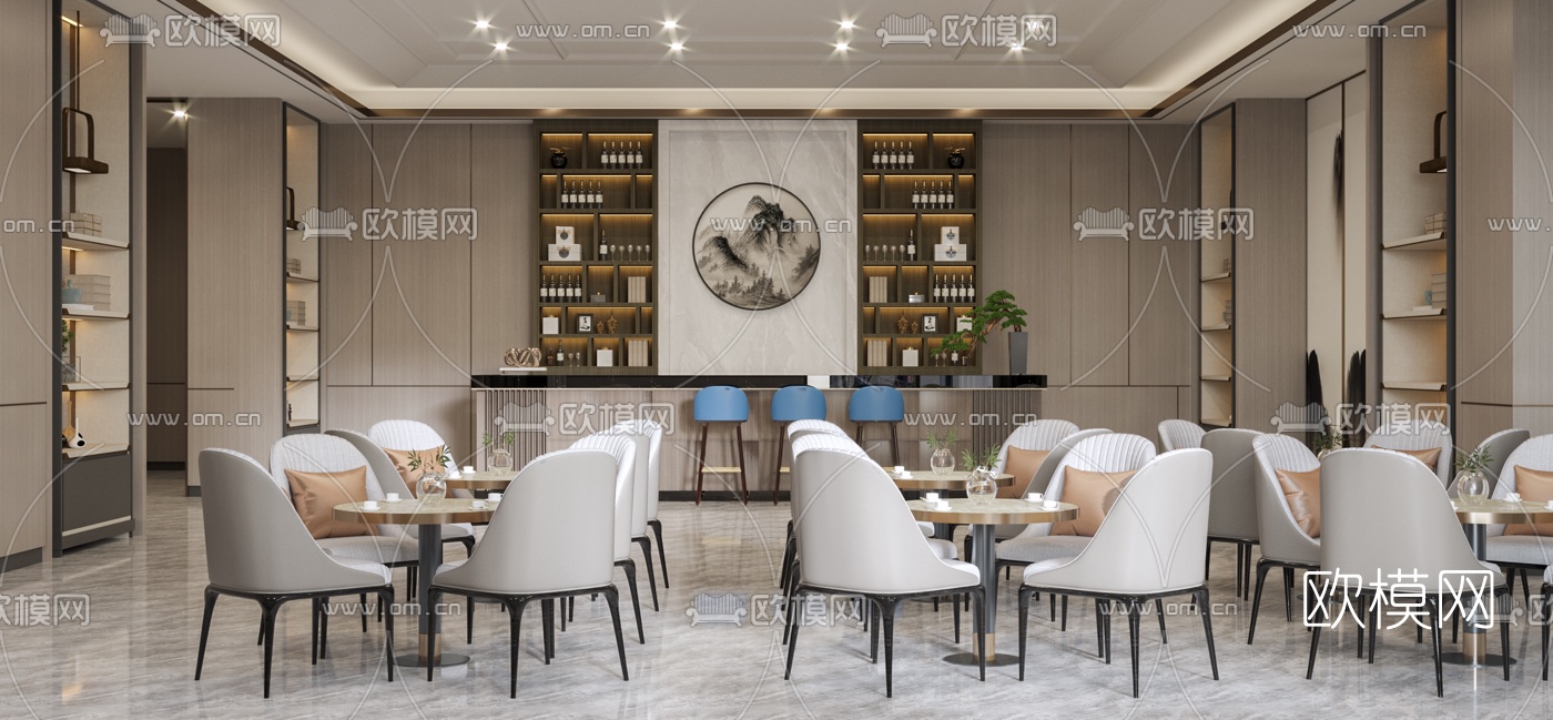 新中式轻奢售楼部洽谈区3d模型下载（渲染图1）