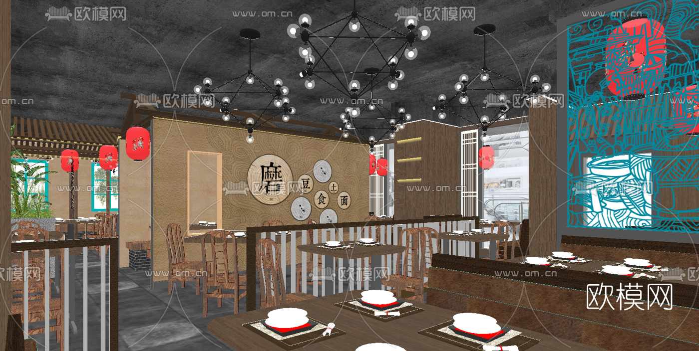 新中式中餐厅su模型下载（渲染图1）