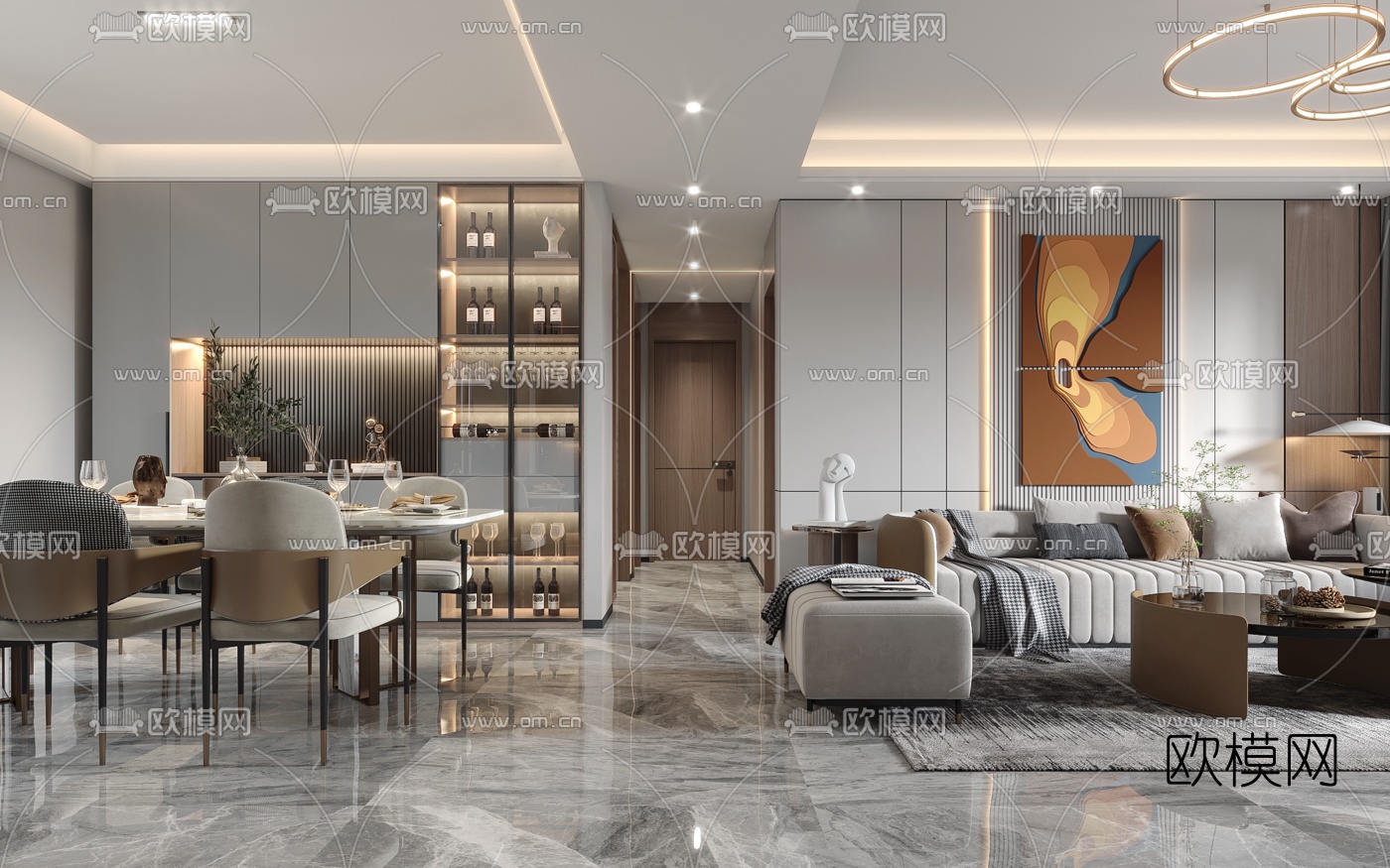 现代客厅餐厅3d模型
