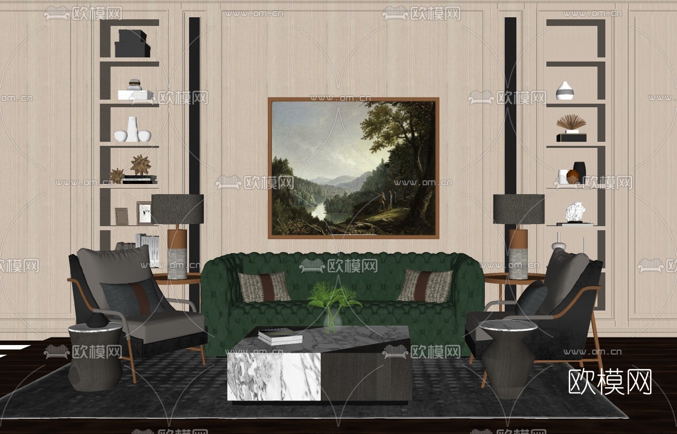 欧式古典布艺沙发组合su模型下载