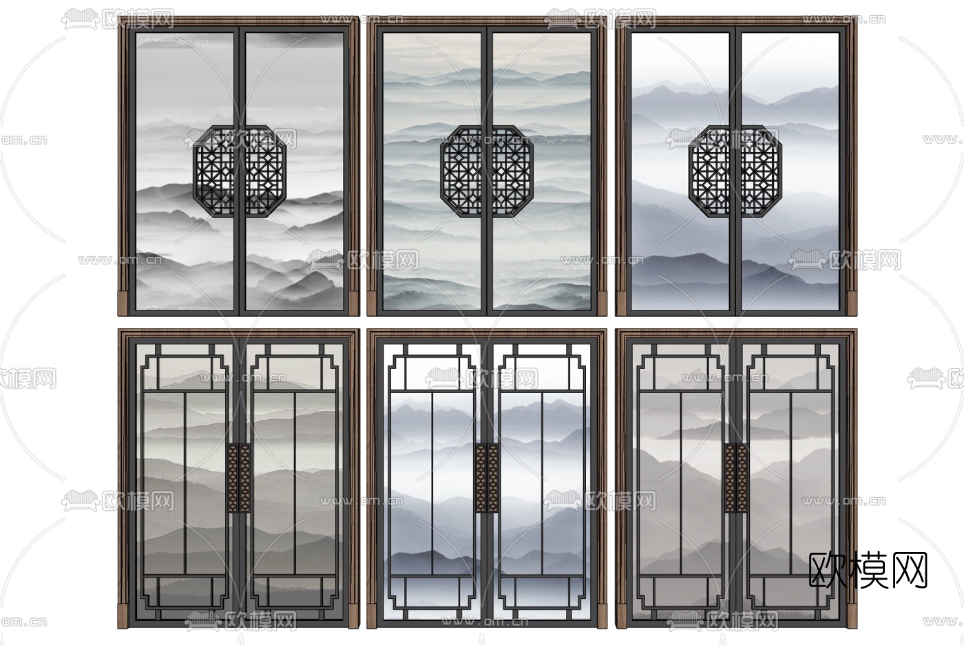 新中式夹丝玻璃推拉门su模型下载