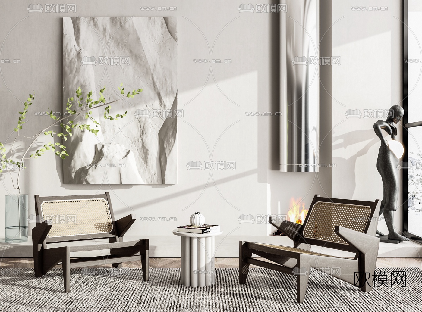 侘寂木质休闲椅边几3d模型下载