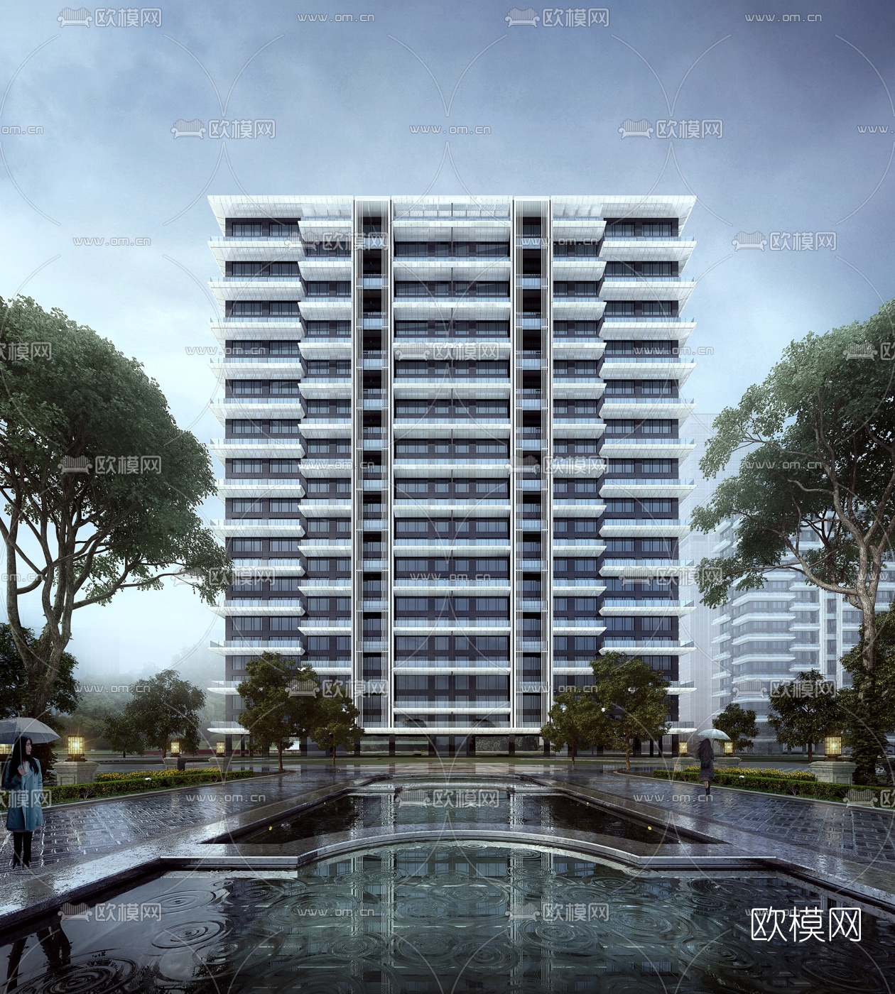 现代高层住宅楼外观雨景3d模型下载