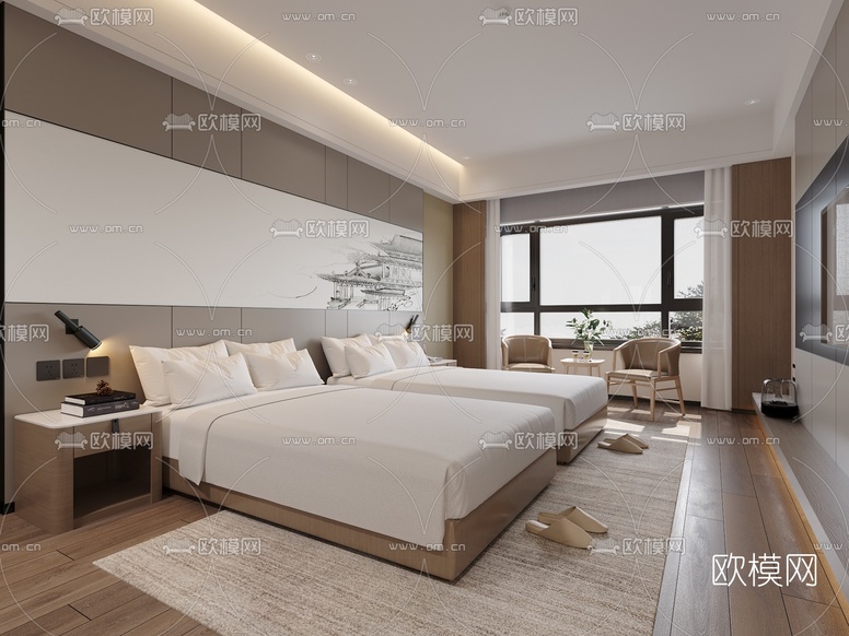 新中式酒店双床客房3d模型下载(渲染图1)