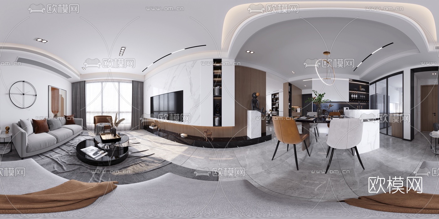 现代客厅餐厅cr全景3d模型