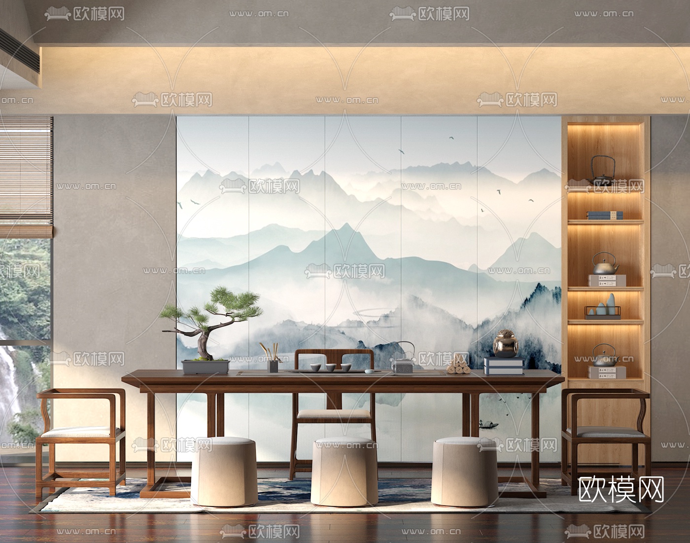 新中式实木茶桌椅3d模型