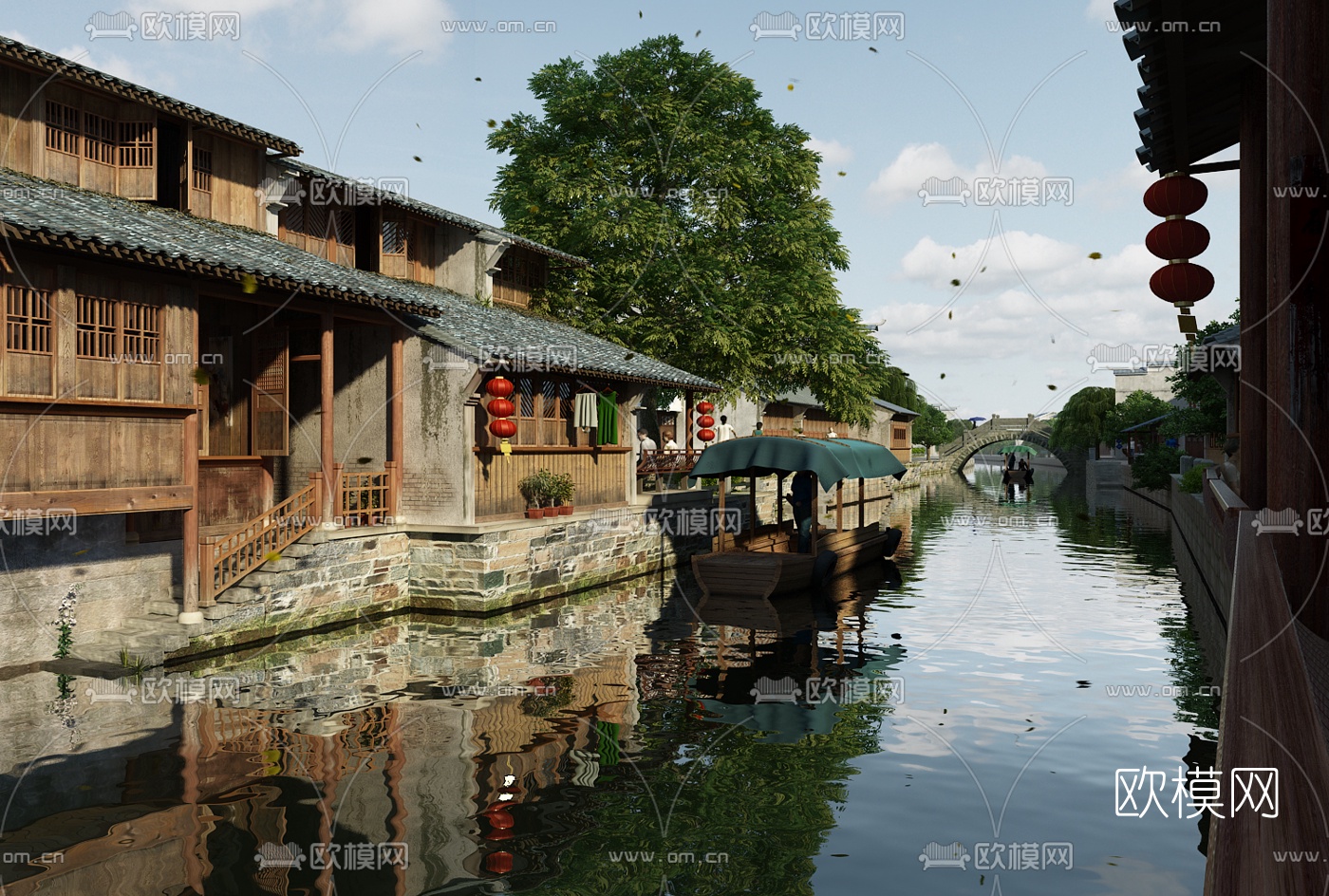 中式古镇河道3d模型下载