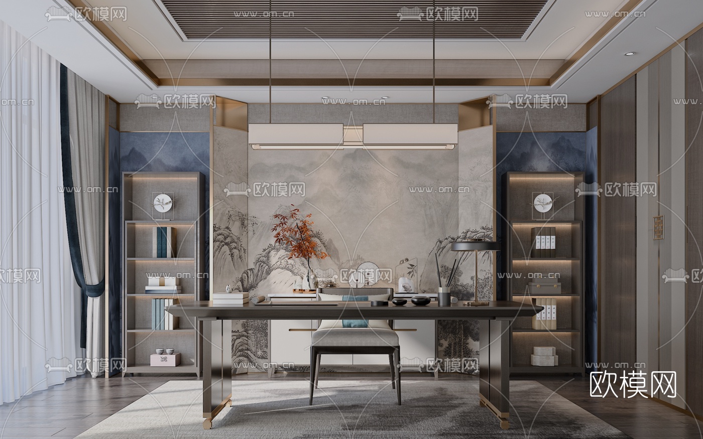 新中式书房su模型