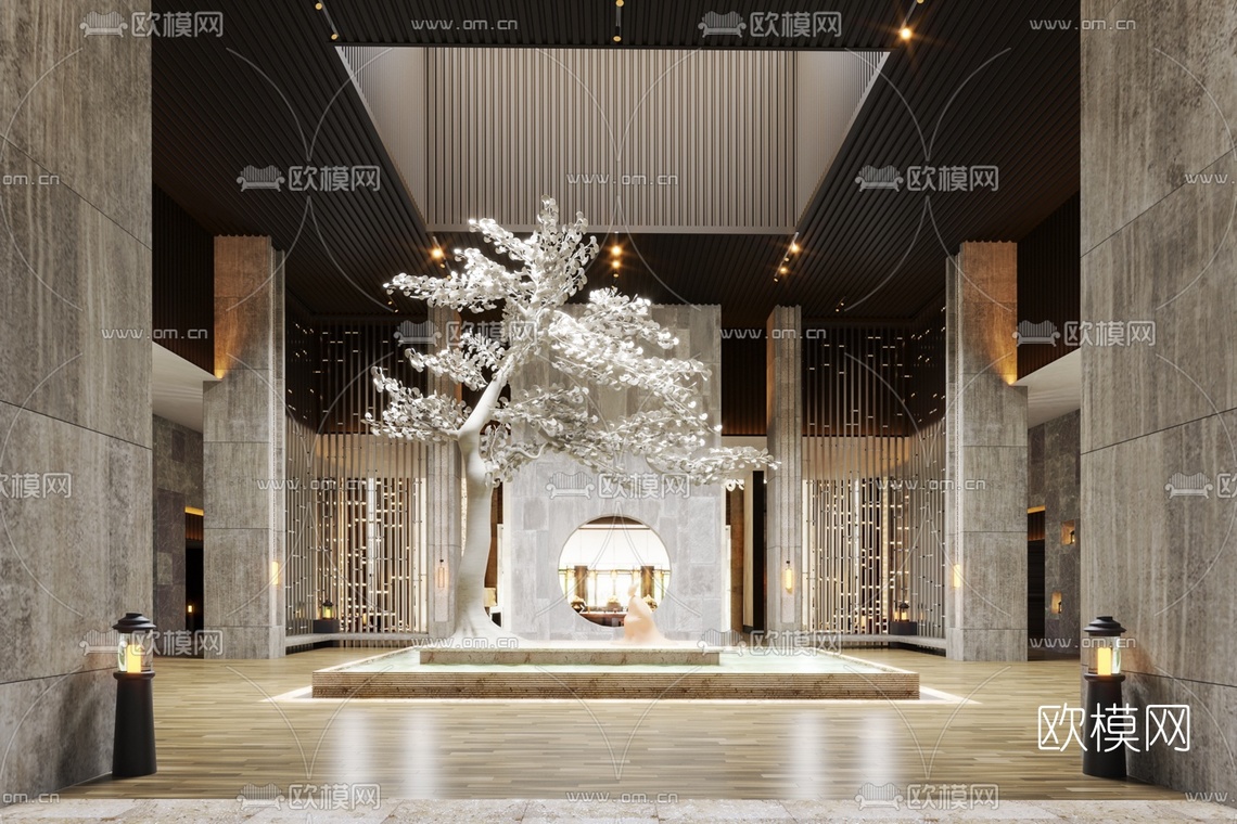 LTW设计 新中式酒店大堂中庭3d模型